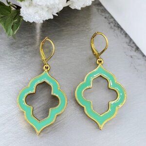 Gold Tone Teal Green Enamel Moroccan Quatrefoil Dangle Drop Earrings Bohochic